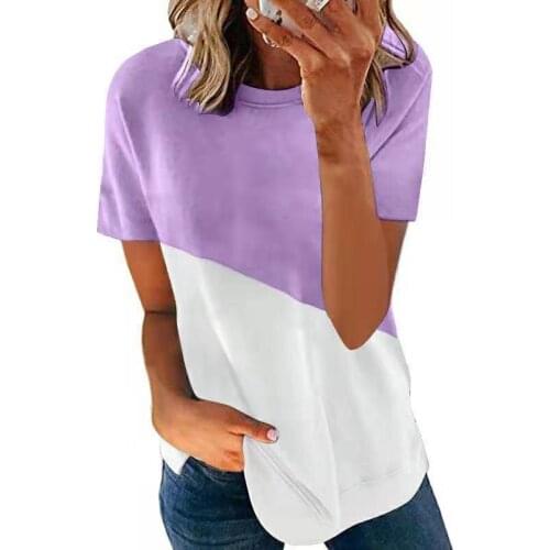 Women Tees Summer New Fashion Women White Purple Patchwork Short Sleeve Round Neck Casual Soft And Comfortable Thin T-shirt