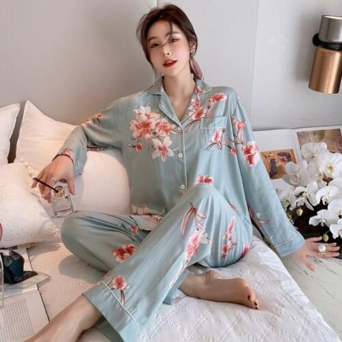 Womens Suit Cottonturn-Down Collar Floral Print Long-Sleeved Tops Trousers Thin Pajamas Female Casual Sleepwear Two-Piece Set