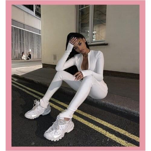 Black white Bodycon Jumpsuit Women‘s’ Sportswear Rompers 2020 Spring Summer Fitness Long Sleeve Zipper Elastic Bodysuit Clothes