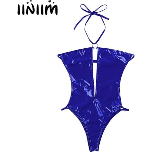 Womens Shiny Apparel Leather Bodysuit Costumes Rave Pole Clubwear High Cut Wet Look Latex Lingerie Teddies Bodycon Catsuit