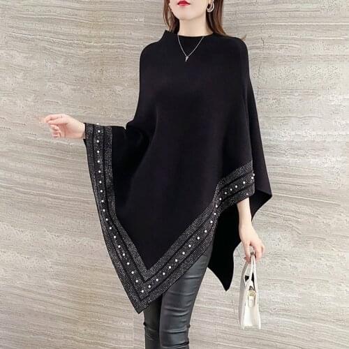 ZJZLL Hot Fashionable Diamond Edge Slash Pullover Crochet Black Shawl Knit Wear Women Sweater Capes And Ponchos Mujer Cloak Coat