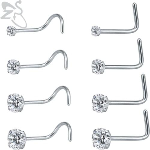 ZS AAA Cubic Zirconia Nose Stud 8 Pcs/lot Stainless Steel Body Jewelry Nose Nail Studs Nose Studs Ear Piercing Earring Wholesale