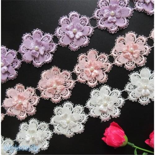 1 yard Pearl Flower Heart Embroidered Handmade Lace Edge Trim Ribbon Applique Patch Fabric Wedding Dress Sewing Craft Decoration