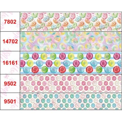 16mm-75mm Chocolate Doughnut Pineapple Fruits Printed Grosgrain/Foe Ribbon Colorful Stripes DIY Hair Bowknots 50yards/roll