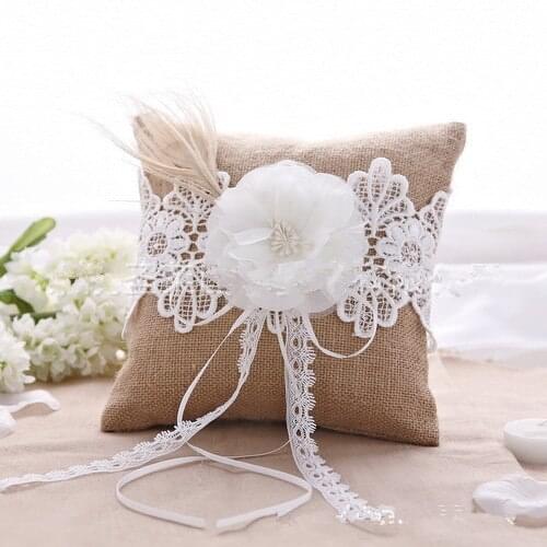 2015 New Burlap Hessian Lace Big Flower Ring Pillow Decor Wedding Beautiful Ring Pillow Bridal Decoration Products Supplies