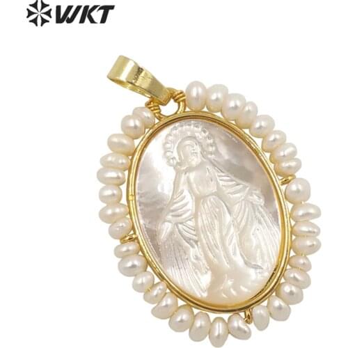 WT-JP253 WKT Newest handmade gold electroplated White mother of pearl shell Virgin Mary Pendant with real pearl charm religion