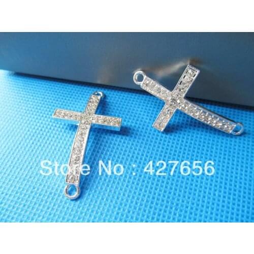 5pcs 24.00mmx42.80mm Silver Plated Sideway Rhinestones Cross Connector Pendant Charm,Dotted Rhinstones,DIY Accessory