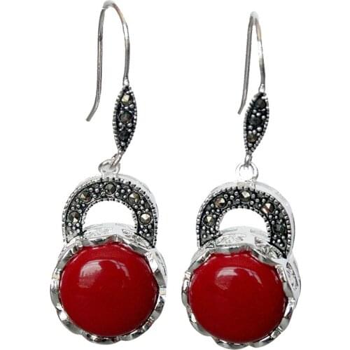 Noble and elegant 925 Sterling Silver Jewelry Red Coral Marcasite Earrings 14/5"