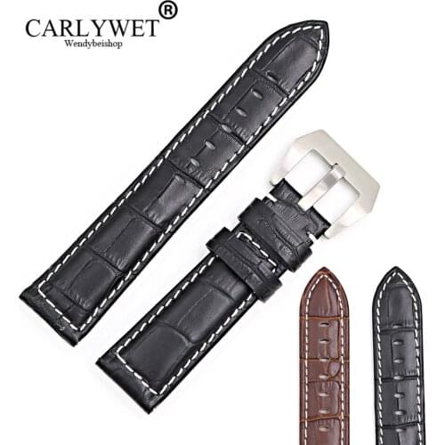 CARLYWET 22mm Wholesale New Genuine Leather Black Brown Crocodile Grain Strap Wrist Watch Band Belt Pin Buckle free shipping