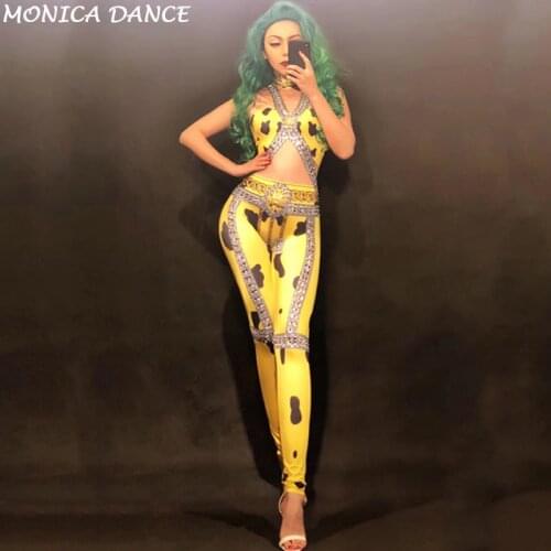 Women Sexy Stage Nightclub Costumes for Singer Yellow 3D Printed Sparkling Crystals Nightclub Dj Gogo Jumpsuit Custom-Made