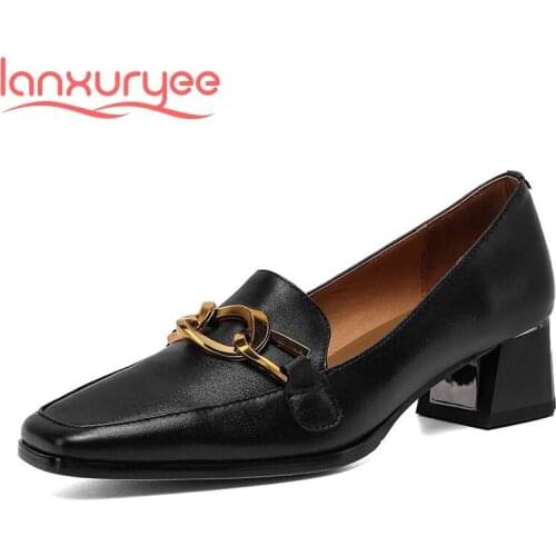 Lanxuryee new natural leather square toe med heel handmade shoes high quality metal decoration gladiator fashion women pumps L94
