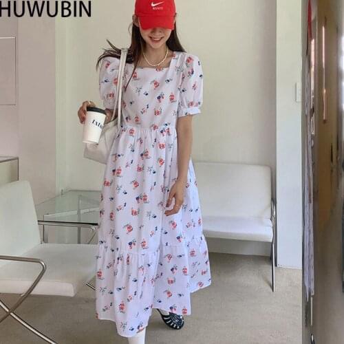 South Korea Summer Chic Square Neck Fresh Age Reducing Flower Floral Waist Strap Bubble Sleeve Ruffle Stitching Fashion Dress