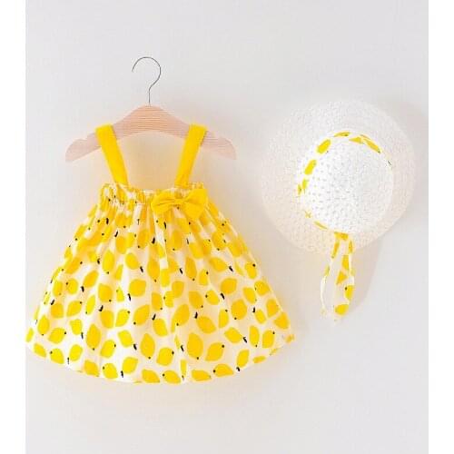 New 0-24M Casual Summer Baby GirlS Dress+Hat Cotton Print Lemon Bow Sleeveless Infant Girl Dresses Toddler Baby Girl Clothes