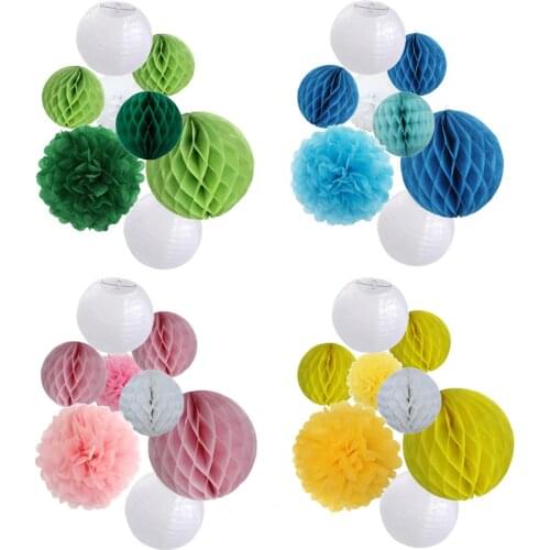 New 8pcs/set Pink Set 8" 10" Mixed Size White Round Paper Lantern Honeycomb Hanging Tissue Pom Pom For Boy Girl Party Decor