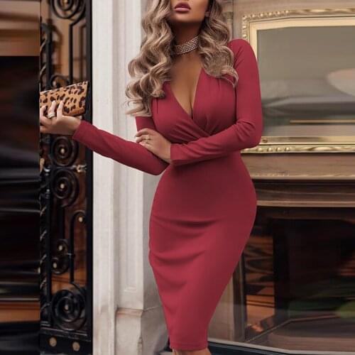 Autumn Sexy Deep V-Neck Women Bodycon Dress Retro Solid Long Sleeve Lady Cocktail Ball Dress Elegant Femme Wedding Party Dress