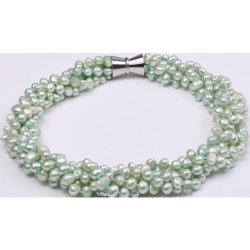 5 strands 6x7mm green baroque flat pearl necklace magnet clasp natural freshwater pearl Woman Jewelry 35cm 14'' 43cm 17