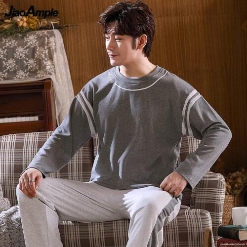 Mens Pajamas Spring Autumn O-Neck Cotton Long-sleeved Trousers Pijamas Two-piece Korean Cute Plus Size Nighywear Homewear Suit