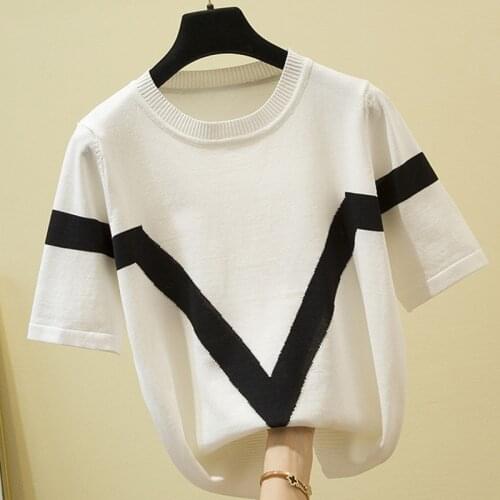 Casual Thin Knitted Women Sweater 2021 Summer Striped Hit Color Loose Woman Sweaters Pullover Short Sleeve Womens Clothing White
