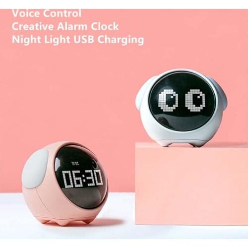 Cute Expression Pixel Kids Alarm Clock Multi Function Electronic Digital Led Night Wake Up Light Table Clock USB Charging Clock