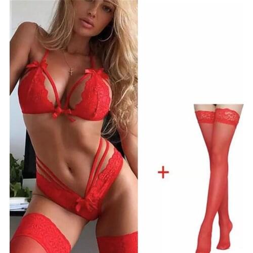 Tulle Hollow Sexy Ladies Underwear Lace Perspective Three-point Temptation Bra and Thong Set Womens Erotic Lingerie（With socks