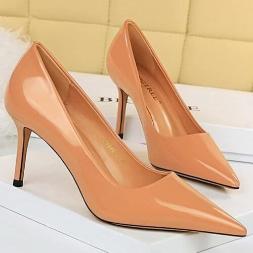 2021 Women Big Size 8cm High Heels Blue Office Pumps Lady Escarpins Fetish Silver Pointed Toe Sexy Party Wedding Prom Red Shoes