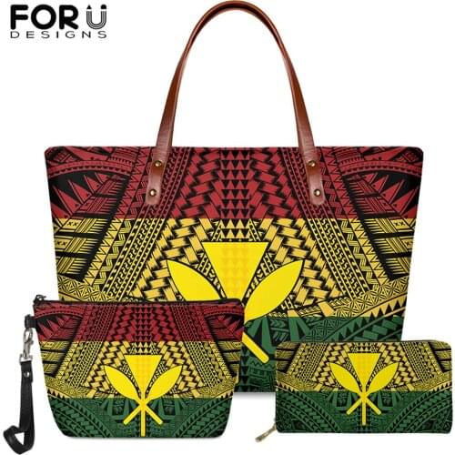 FORUDESIGNS Women Luxury Handbag Polynesian National Flower Printing Brand Designer Fashion 3set Tote Bag And Long Wallet 2020