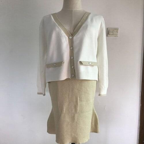 Elegant Women Knitted Shirts Skirts 2PCS Sets V Neck Single Breasted Shirt A-Line Skirt Suits for Ladies Woman