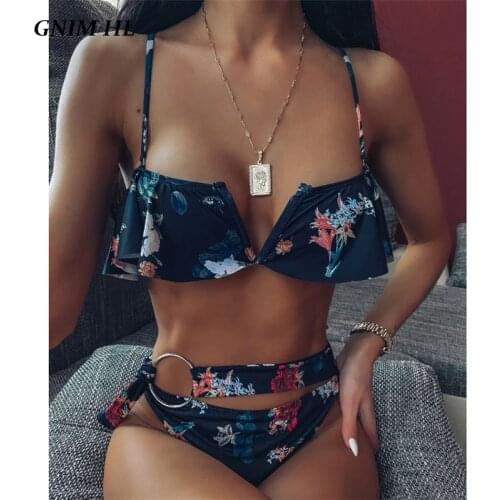 GNIM High Waist Swimwear Women Two Pieces Ruffle Bikini Mujer 2020 Sexy V Neck Brazilian Swimsuit Women Floral Print Bather Suit