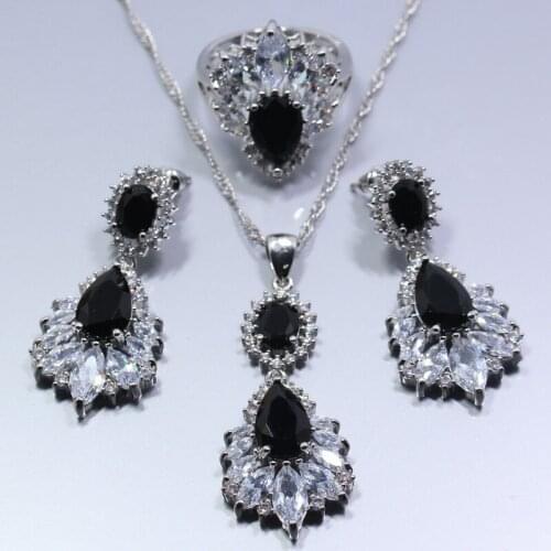 Punk Style Women Jewelry Set Black Zircon White Crystal Earrings Ring Necklace Pendant TZ272