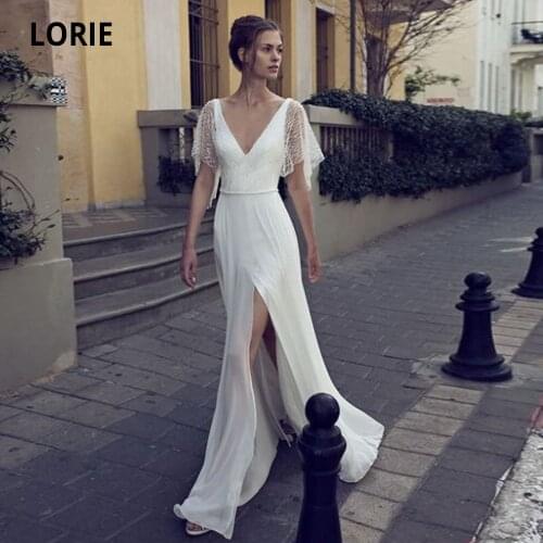 LORIE Chiffon Wedding Dress Mermaid Vintage 2020 V-neck Cap Sleeve Bridal Wedding Gown with High Slit Floor Length Plus Size