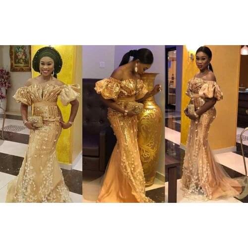 Aso Ebi African Lace Evening Dress Mermaid Off the Shoulder Nigerian Style Prom Dresses Plus Size Shiny Sequins Gold Formal Gown