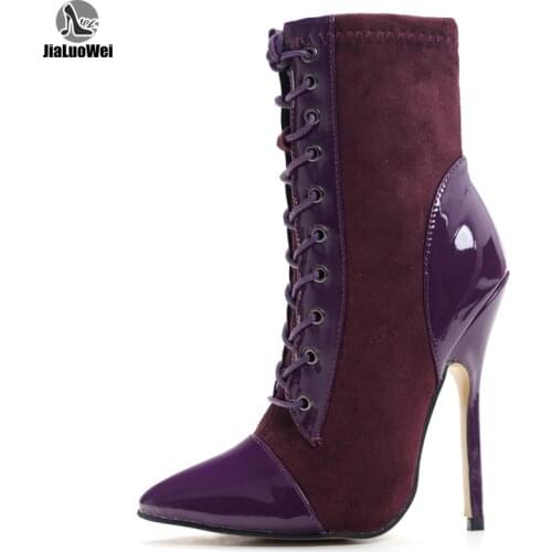 Ankle Boots 14cm Super High Heel Pointed toe Patchwork Cross-tied Shoes Large size 36-46