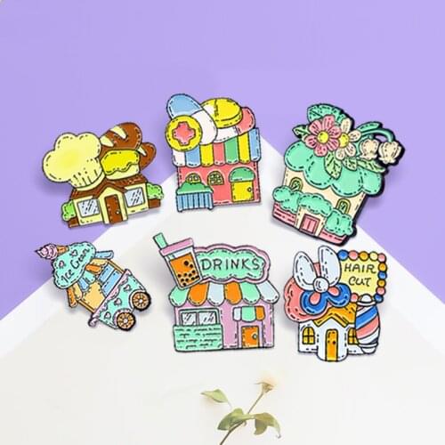 Shop House Brooches Drinks milk tea Hair Ice cream Bakery Flower shop Enamel Pins Badge Custom Color Brooch Lapel Jewelry Gift