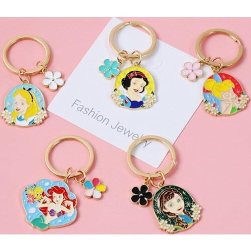 Disney Cute Snow White Princess Mermaid Key Chain Keychain Backpack Pendant Children Cartoon Gifts Keyring