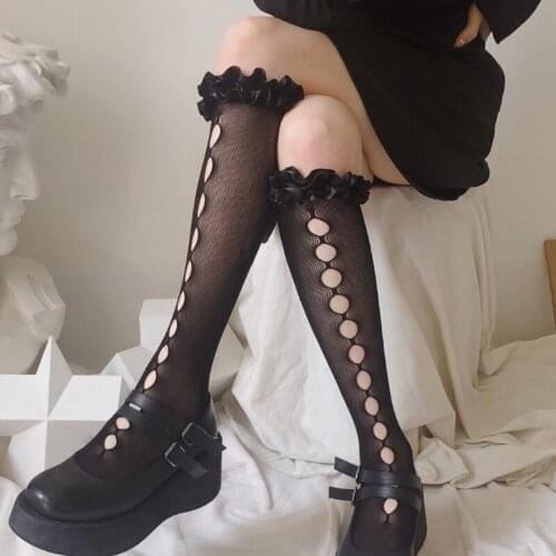 K3NF Japanese Lolita Ruffled Lace Knee High Long Socks Hollow Out Ripped Hole Kawaii Transparent Fishnet Thigh High Stockings