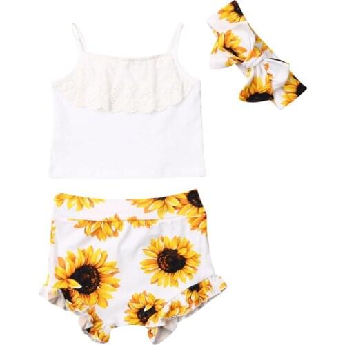 2020 3pcs Cute Summer Newborn Baby Girl Clothes Sleeveless Tops+Sunflower Print Shorts+Headband Toddler Infant Outfit Set