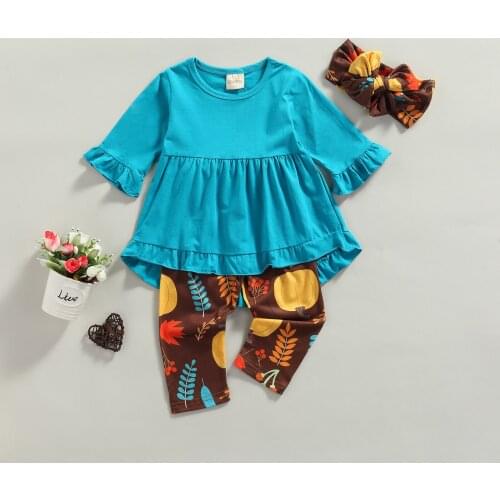 Kids Suit Set, Autumn Solid Color O-Neck Long Sleeve Tops+ Pumpkin Print Pants+ Headband for Toddler, 1-7 Years