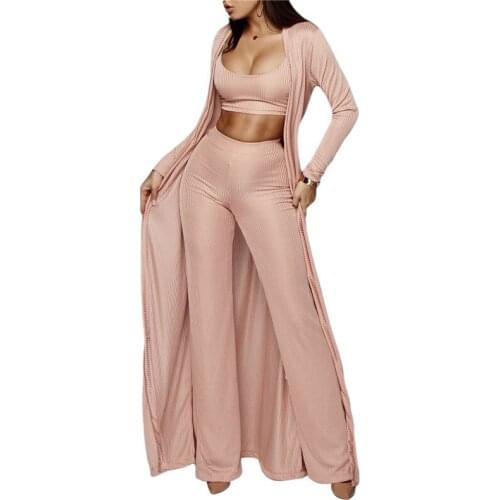 Fashion Women Pants Suits Crop Top Tank Loose Pants Long Sleeve Coat Trousers 3PCS Sets Female Three Piece Sets Ladies Outfits