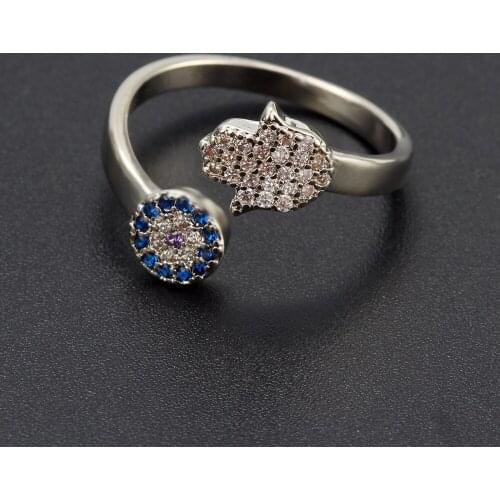 Muslim Islamic Evil Eye Blue Eye Hamsa Hand Fatima Hand Adjustable Female Rings Open Size Ring Turkish Wedding Jewelry