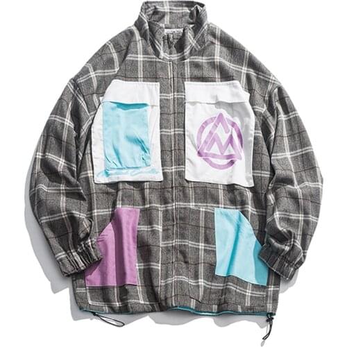 New Arriavl Autumn Japanese Street Vintage Style Fashion Mens Plaid Jackets Casual Contrast Color Full Sleeve Stand Collar Coat