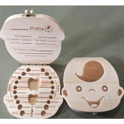 English/Spanish Russian French Baby Boy Girl Wood Tooth Box Organizer Save Milk Teeth Collection Box Storage Teeth Gift Holder