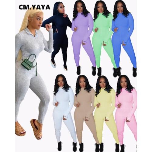 CM.YAYA Autumn Knitted Lucky Label Embroidery Bodycon Jumpsuit Women Skinny Active Wear Rompers Long Sleeve One Piece Overalls