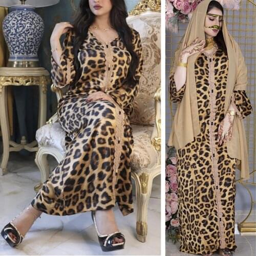 Eid Ramadan Muslim Women Hijab Dress Dubai Kaftan Turkish Abaya Moroccan Caftan Leopard Print Robe Islamic Clothing Gown Jilbba