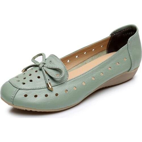 Summer Genuine Leather Woman Shoes 2021 Low Heel Hollow Out Breathable Soft Bottom Woman Shoes Flat Sandals Large Size 43