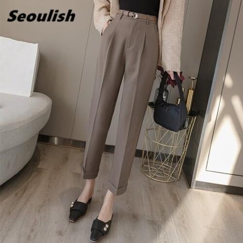 Seoulish 2021 New Formal Womens Harem Pants with Belted Spring Summer High Waist Female Workwear Elegant Ankle Length Trouses