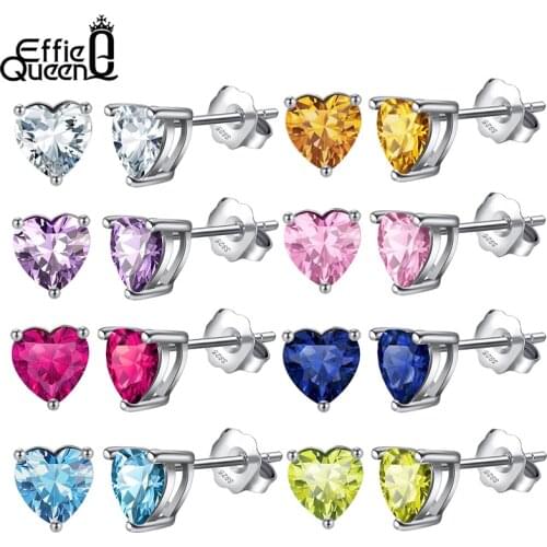 Effie Queen Real 925 Sterling Silver Heart Birthstone Stud Earrings 12 Colors Heart Cut AAAA Cubic Zirconia Earring Gifts APE32