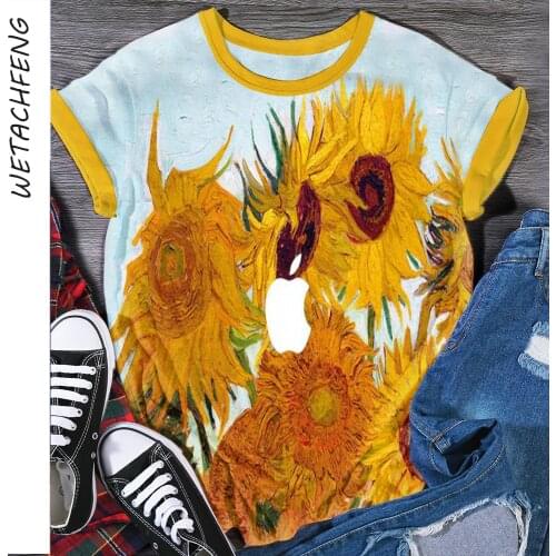 Oversized T-shirt Sunflower Print Art Short Sleeve O Neck Basic Summer Tops 2021 Fashion Casual Vintage Tee Shirt Women Clothing