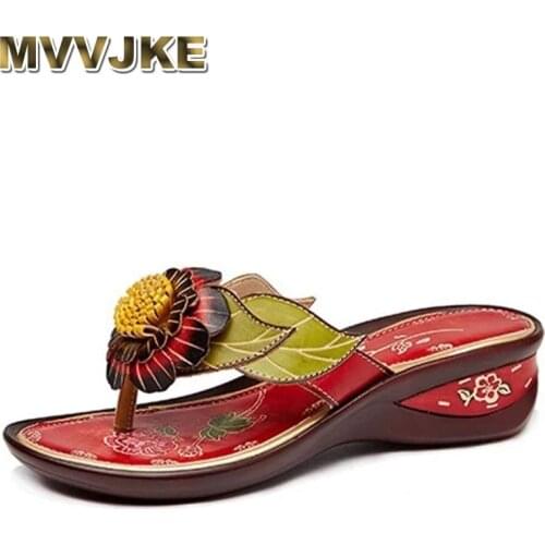 MVVJKENew Leisure simple slippers,Real Leather Flip Flops comfortable folk style hand-painted retro art mori girl slippers
