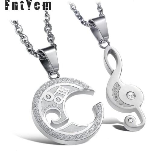 Lovers' 2pcs Stainless Steel I Love You Music Note Engraved Couple Music Note Chain Puzzle Pendant Necklace For Best Friends
