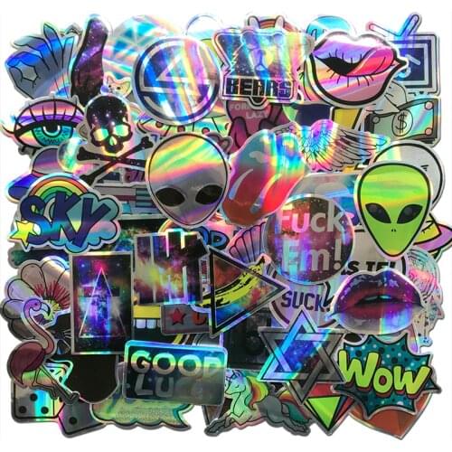 W7 80Pcs/Lot Cool Motorcycle Laser Stickers Bomb Tide Brand ET Alien Decals For Skateboard Luggage Laptop Notebook Guitar Car